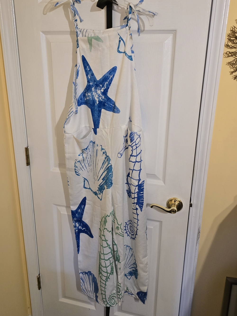 Women's White One-Piece Beach Jumpsuit with Blue & Green Sea Life Print No Tag